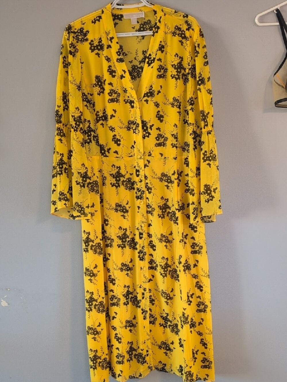 Michael Kors Yellow Long Sleeve Floral Midi Dress
